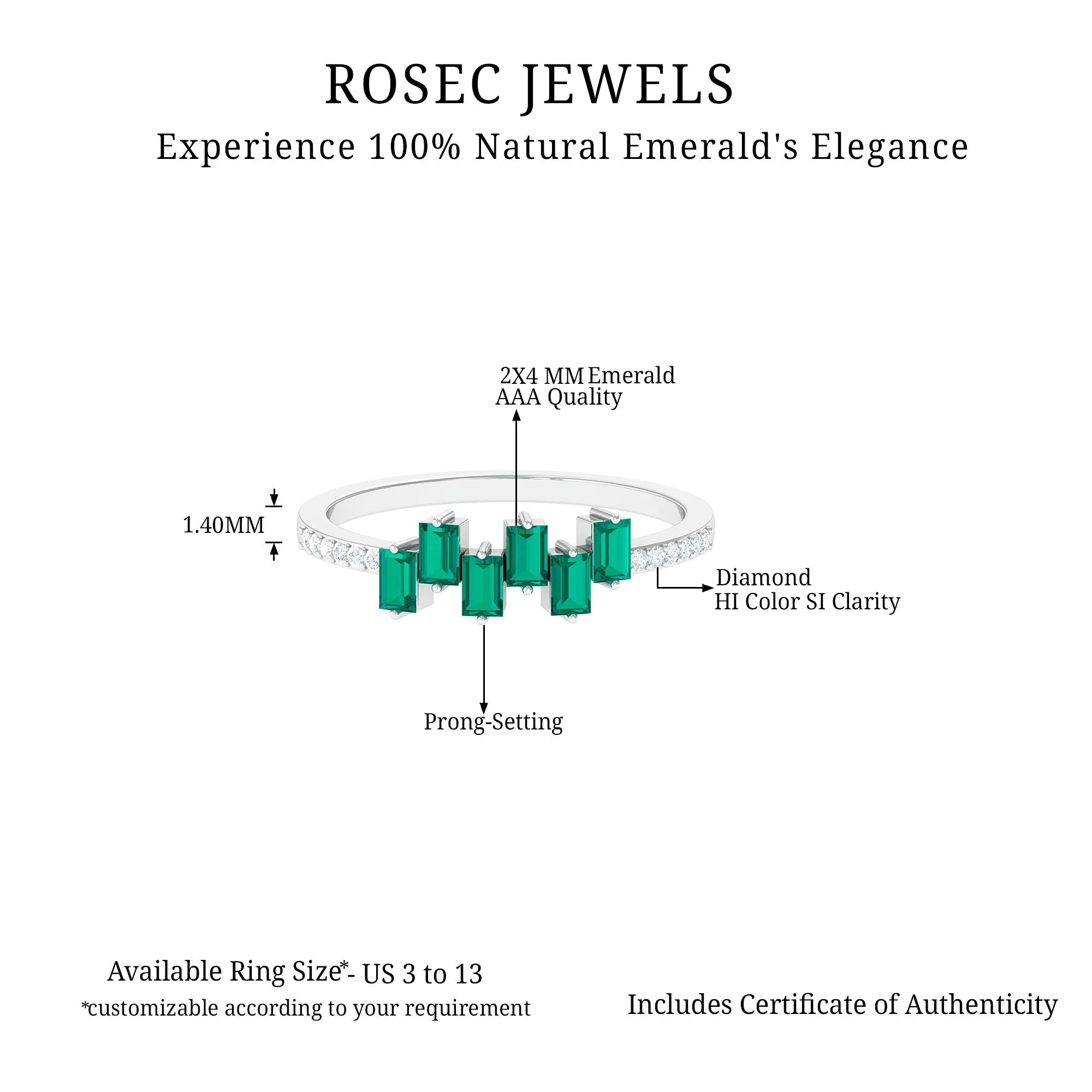 0.50 CT Baguette Shape Emerald Promise Ring with Diamond Side Stones