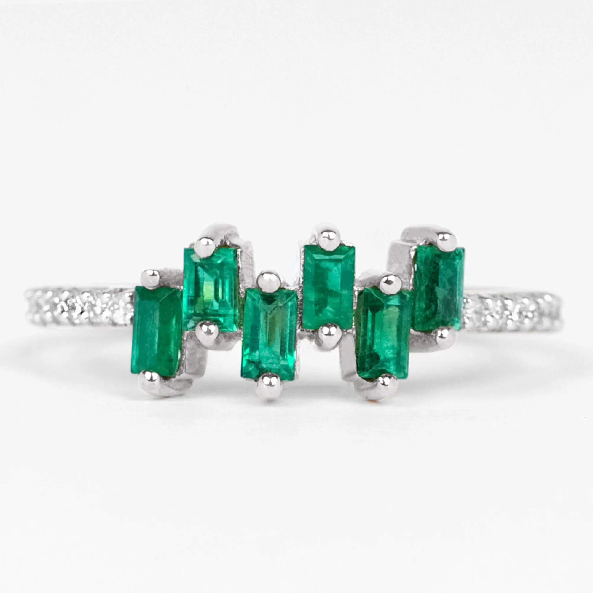 0.50 CT Baguette Shape Emerald Promise Ring with Diamond Side Stones