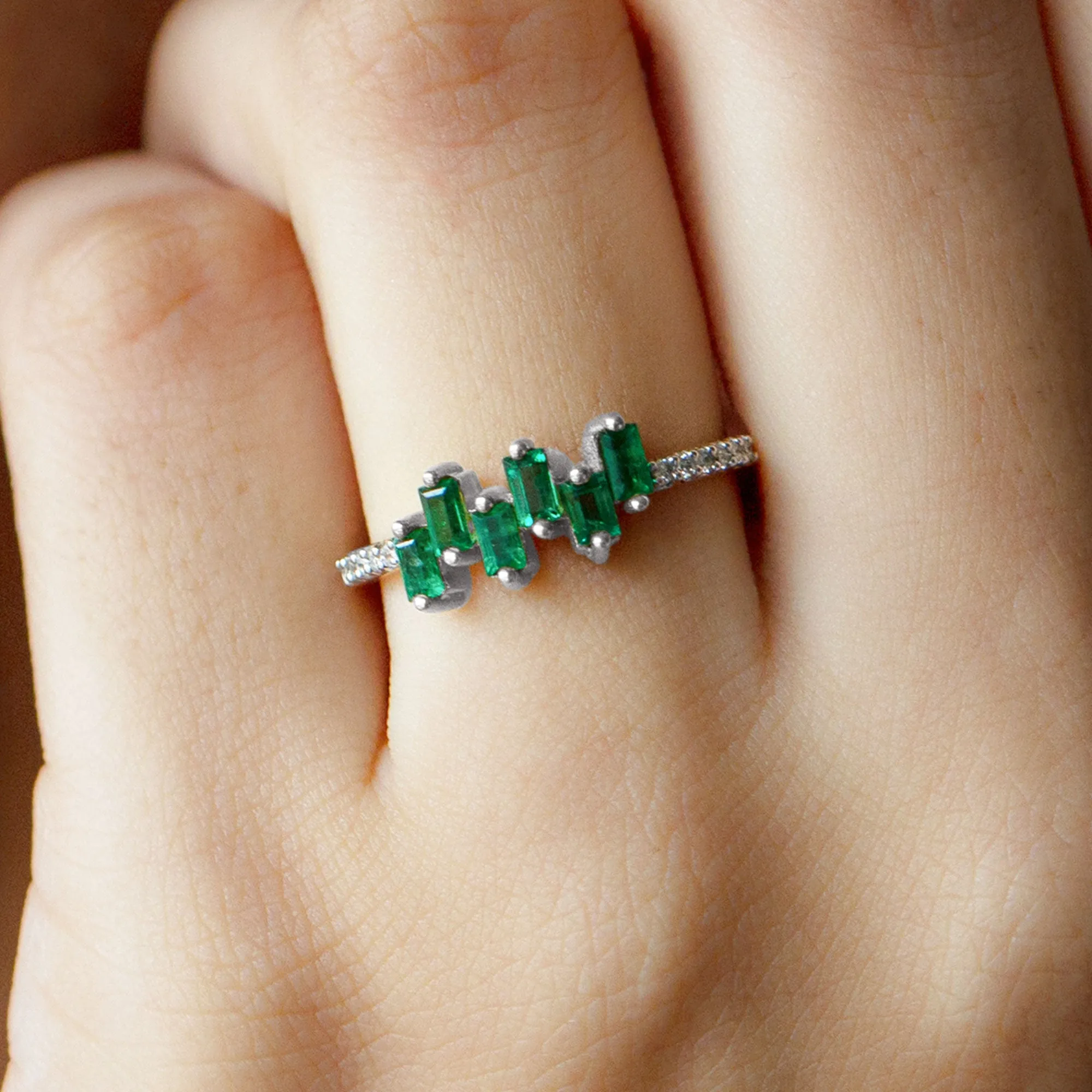 0.50 CT Baguette Shape Emerald Promise Ring with Diamond Side Stones