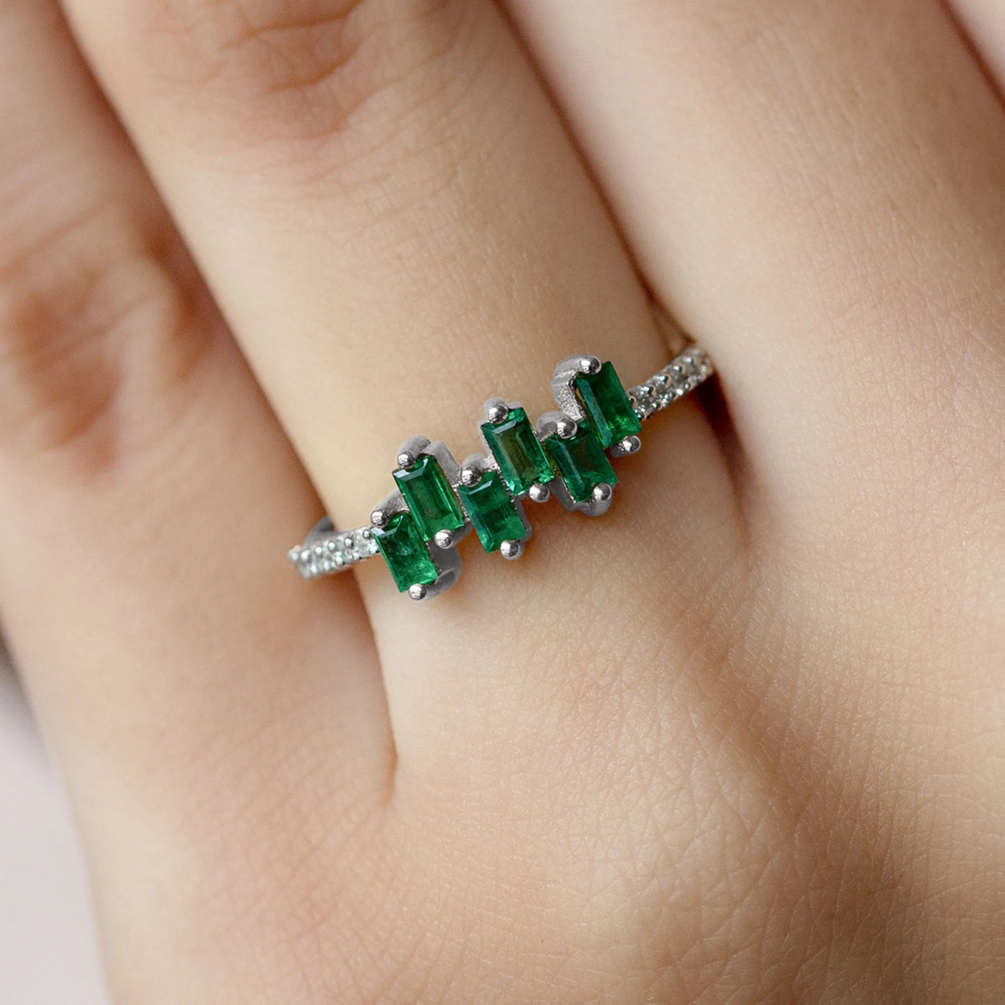 0.50 CT Baguette Shape Emerald Promise Ring with Diamond Side Stones