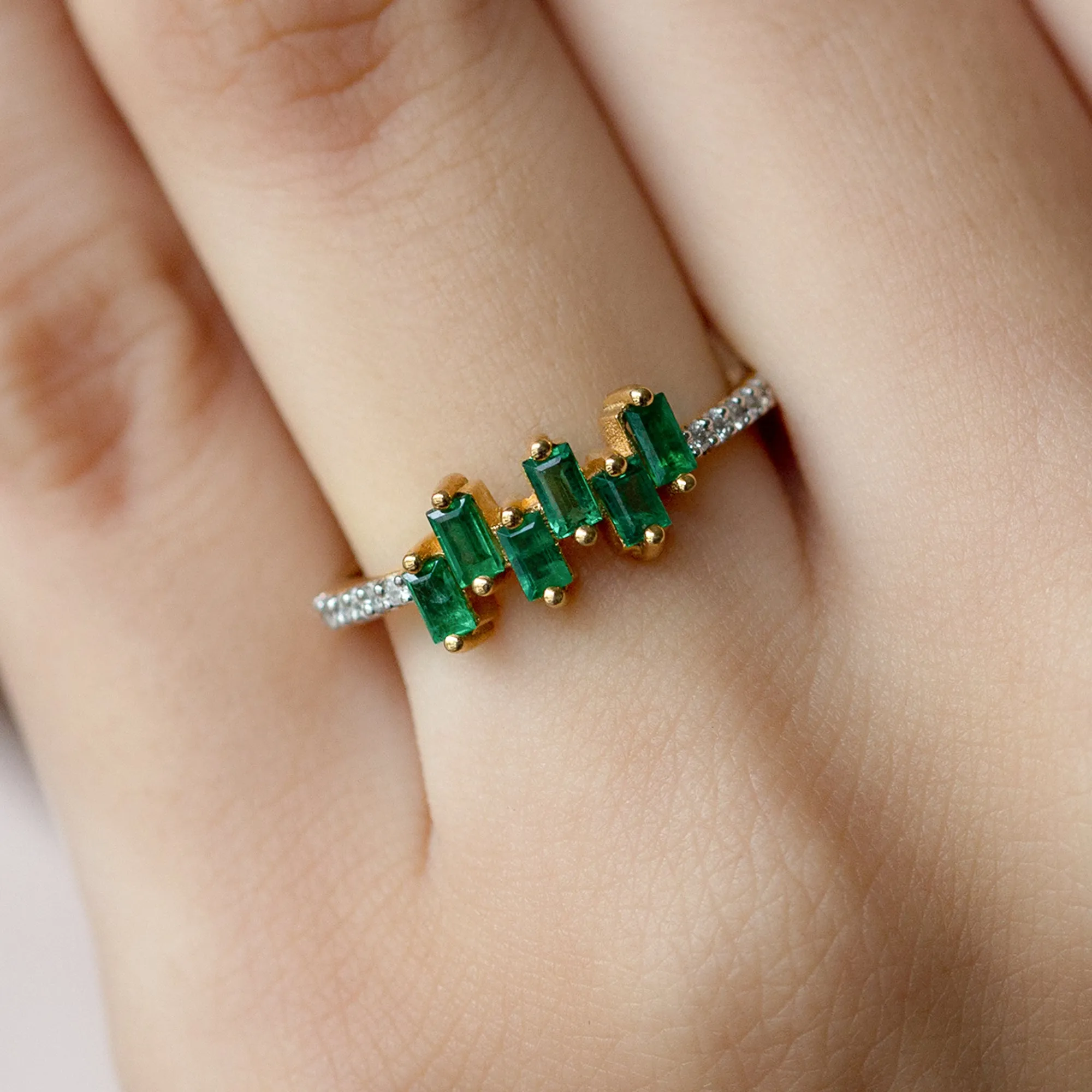 0.50 CT Baguette Shape Emerald Promise Ring with Diamond Side Stones