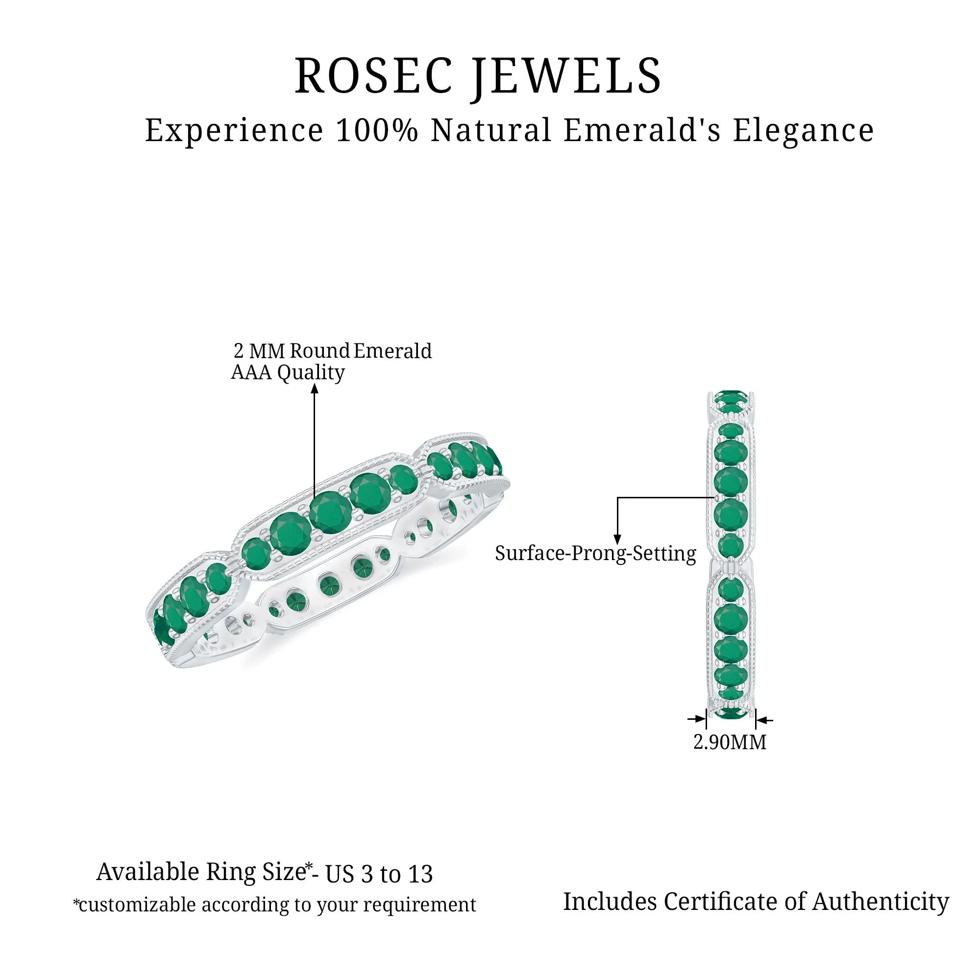 1 CT Emerald Eternity Ring in Pin Point Setting for Women