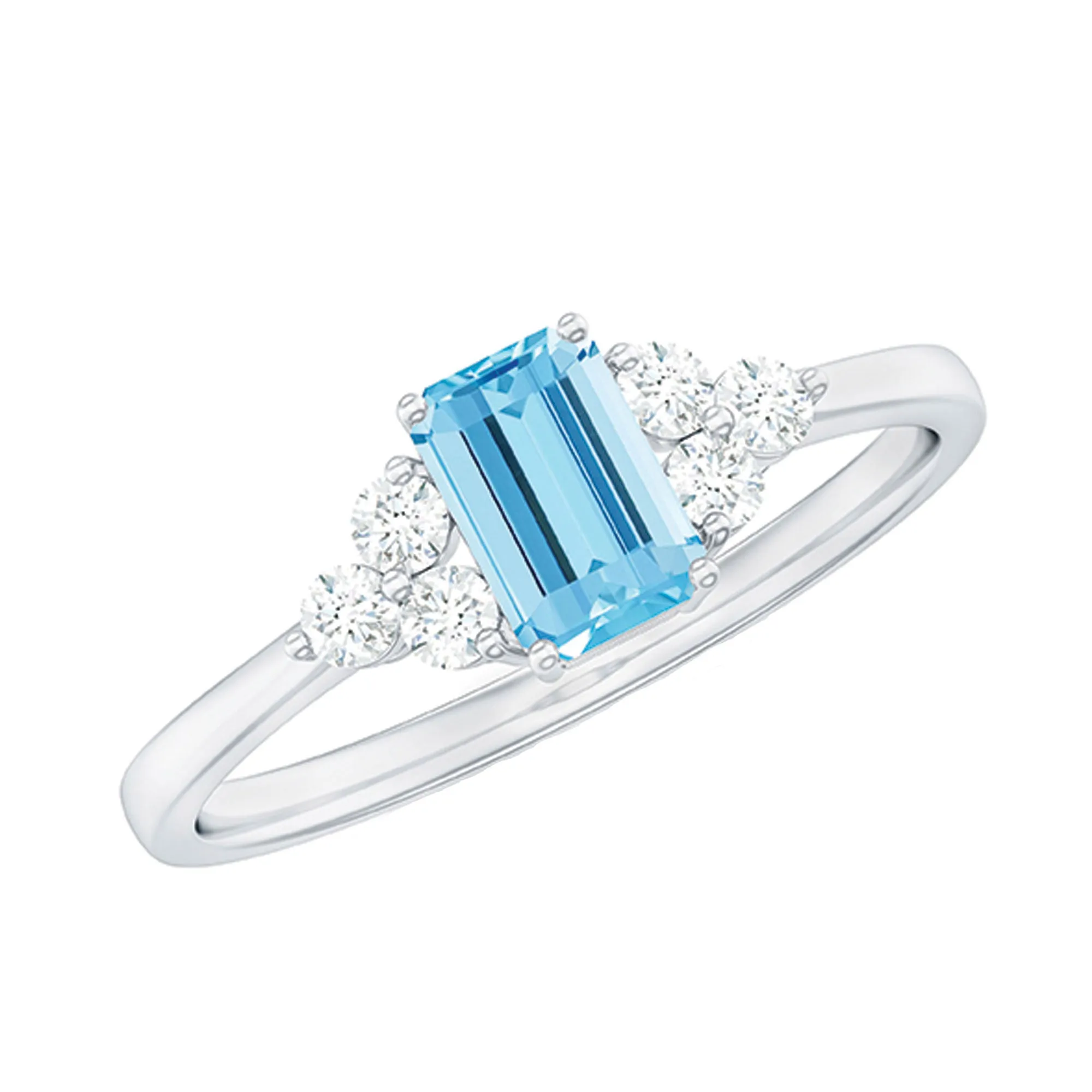 1 CT Octagon Cut Aquamarine Solitaire Ring with Diamond Trio