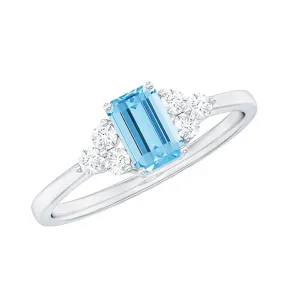 1 CT Octagon Cut Aquamarine Solitaire Ring with Diamond Trio