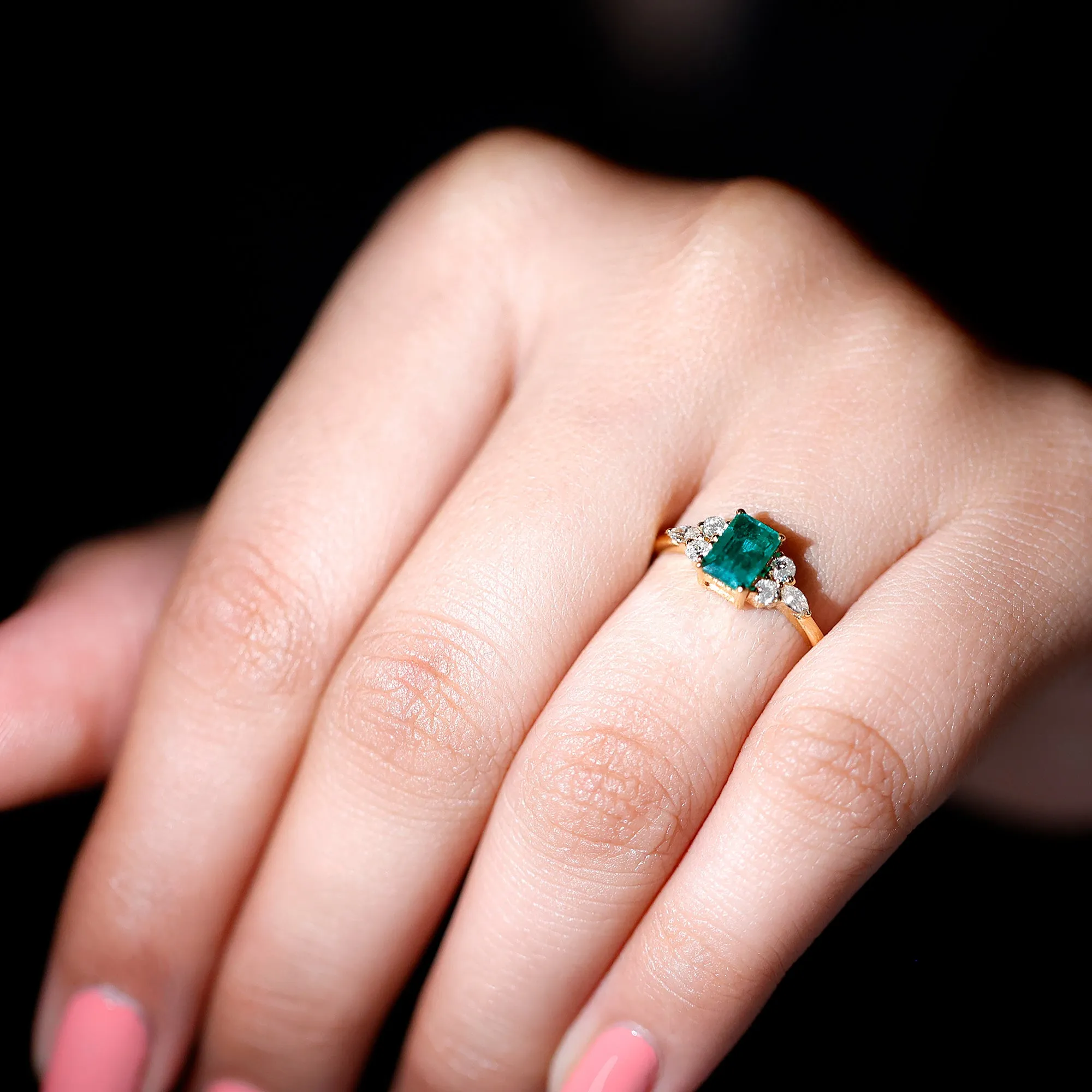 1 CT Octagon shape Solitaire Emerald Ring with Diamond Trio