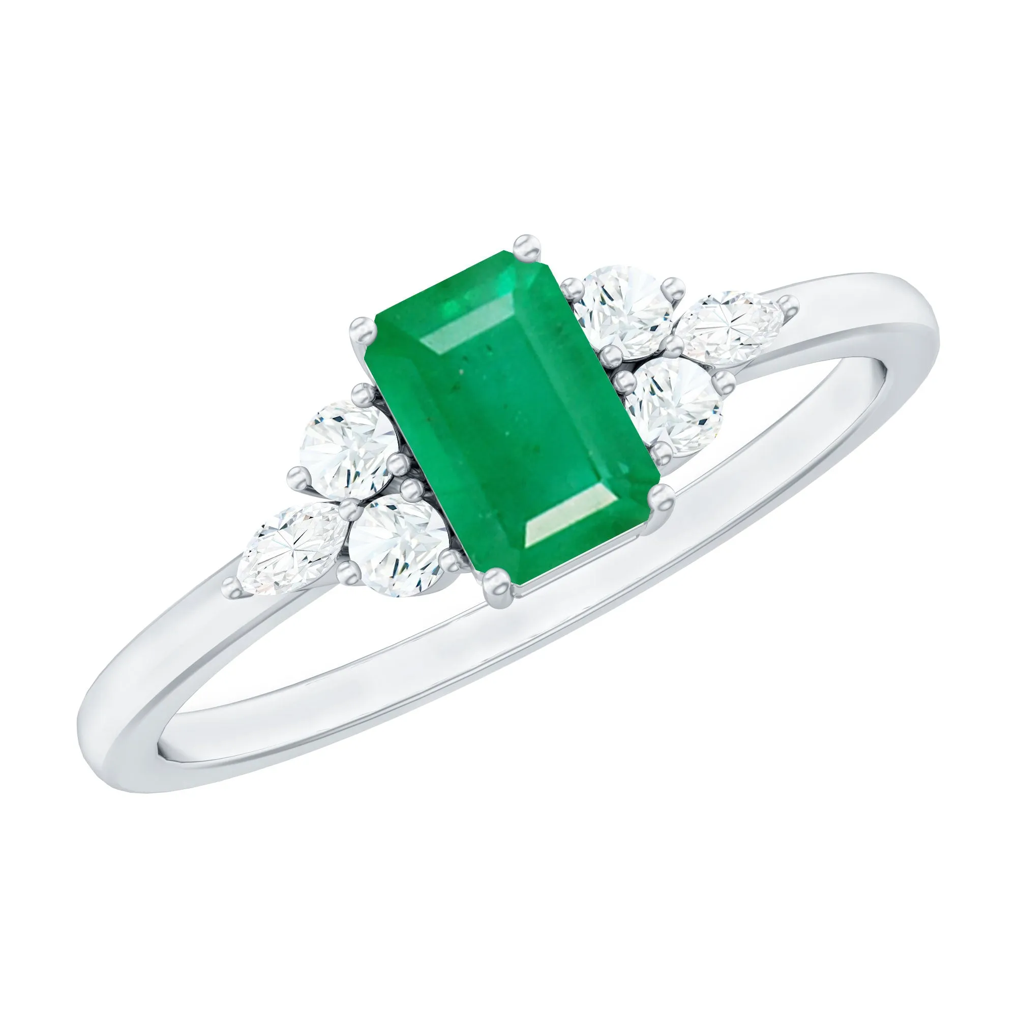 1 CT Octagon shape Solitaire Emerald Ring with Diamond Trio