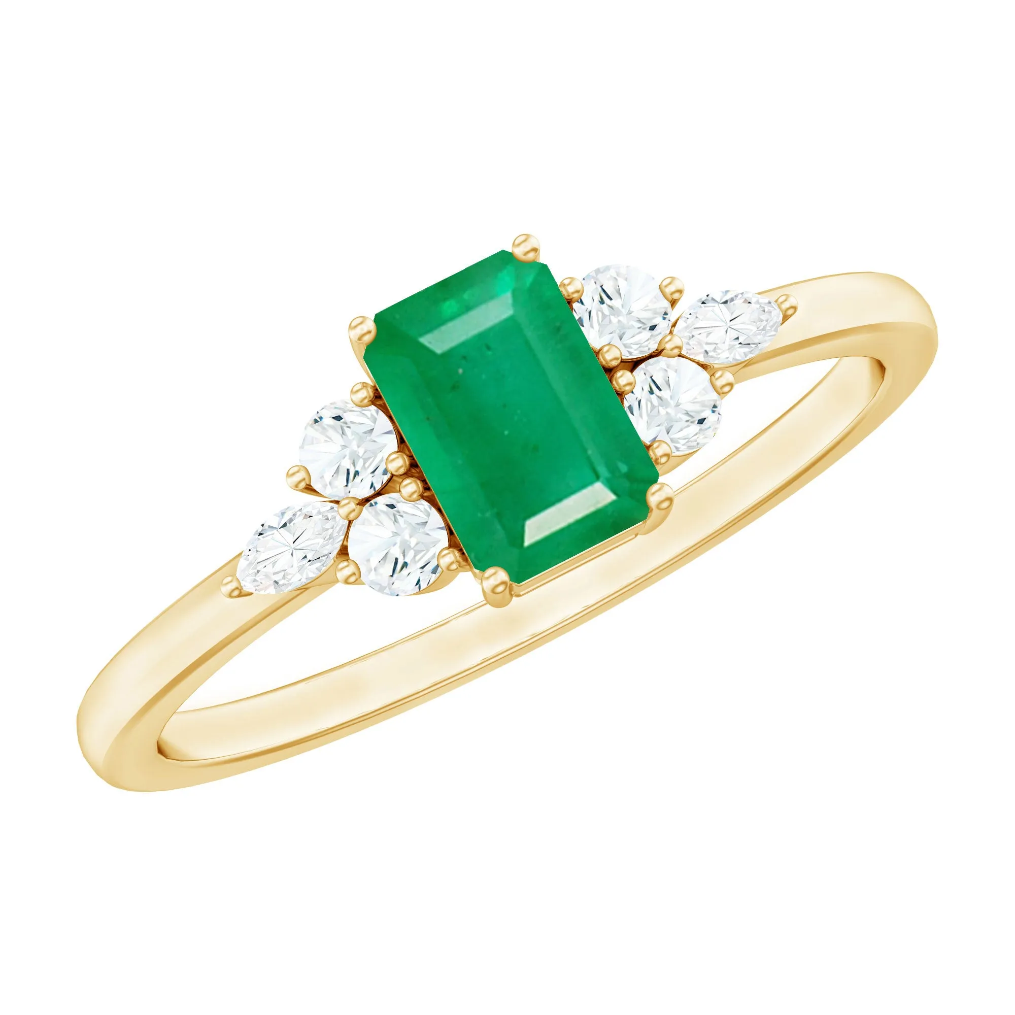 1 CT Octagon shape Solitaire Emerald Ring with Diamond Trio