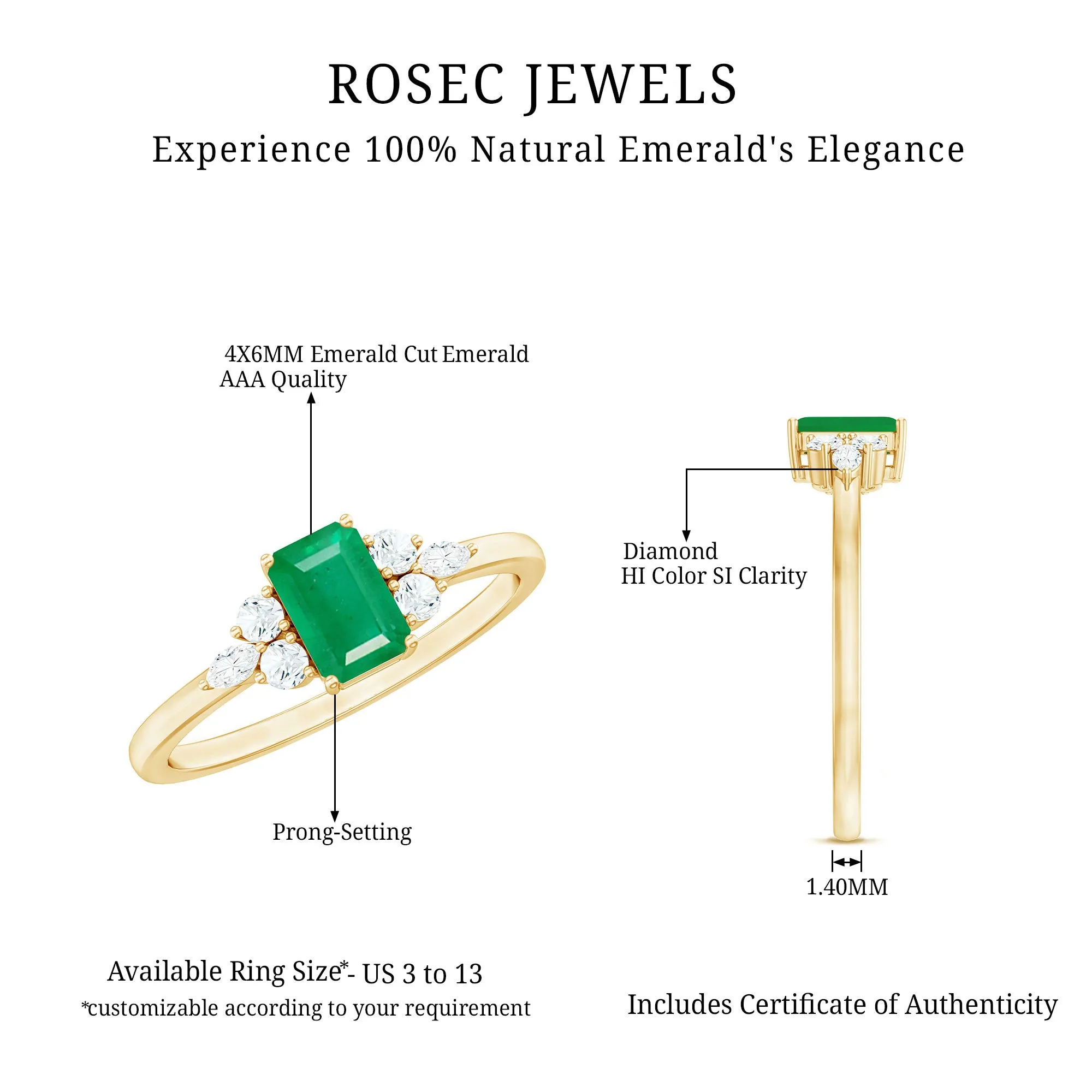 1 CT Octagon shape Solitaire Emerald Ring with Diamond Trio