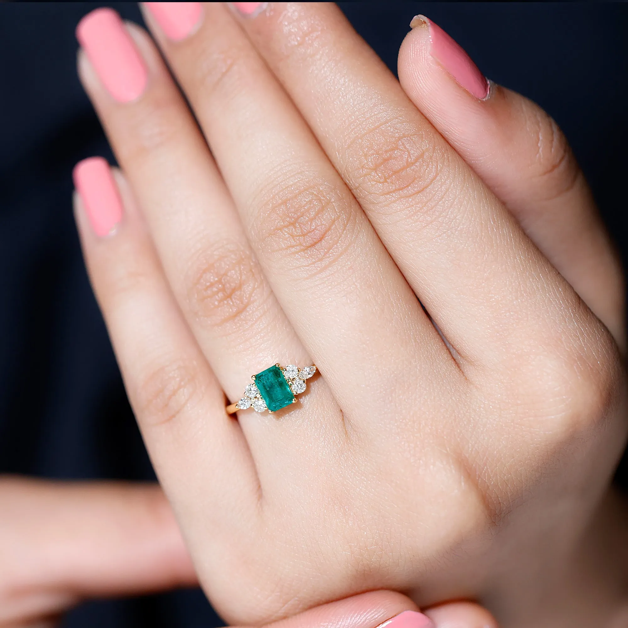 1 CT Octagon shape Solitaire Emerald Ring with Diamond Trio