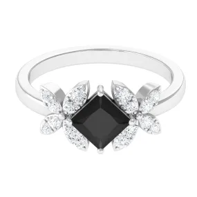 1 CT Princess Cut Black Onyx and Diamond Floral Inspired Engagement Ring