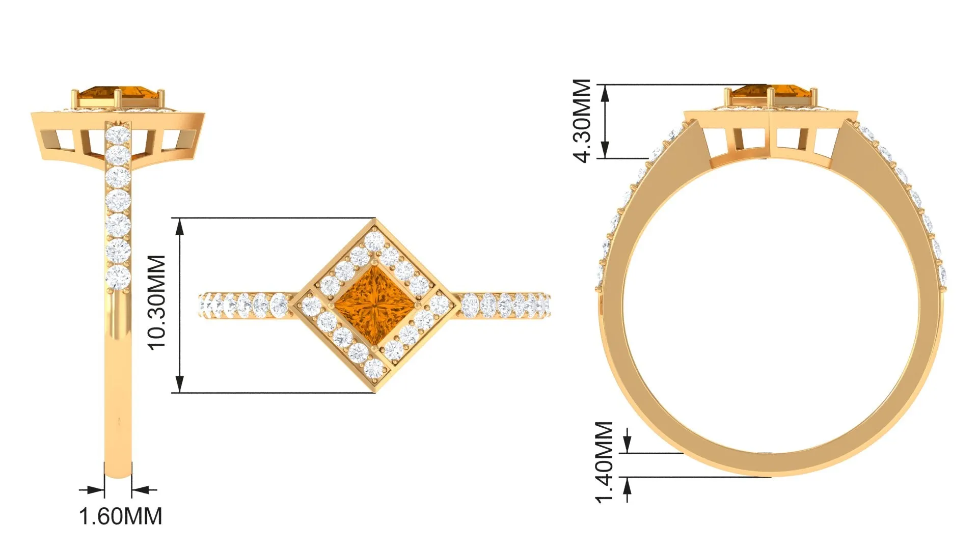 1 CT Princess Cut Citrine Geometric Ring with Diamond Accent