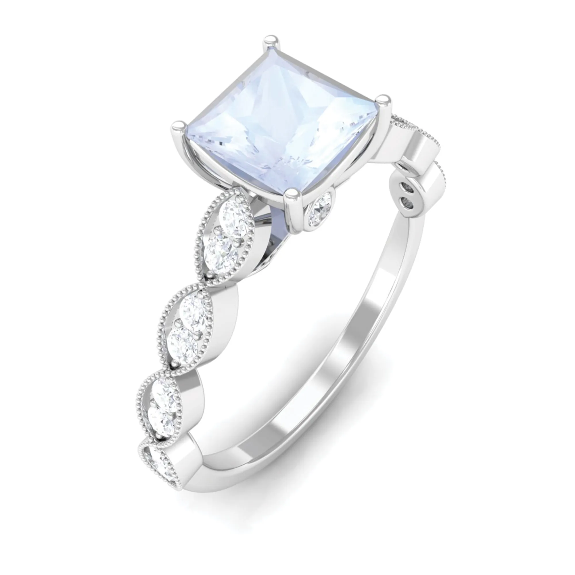 1 CT Princess Cut Moonstone Solitaire Ring with Diamond Side Stones