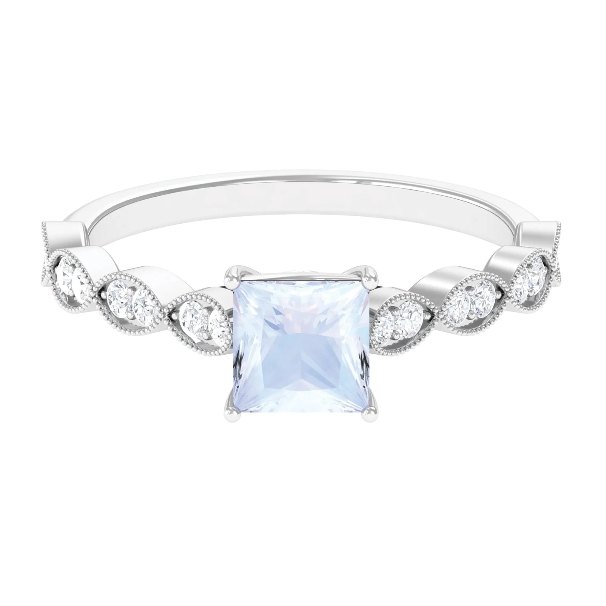 1 CT Princess Cut Moonstone Solitaire Ring with Diamond Side Stones