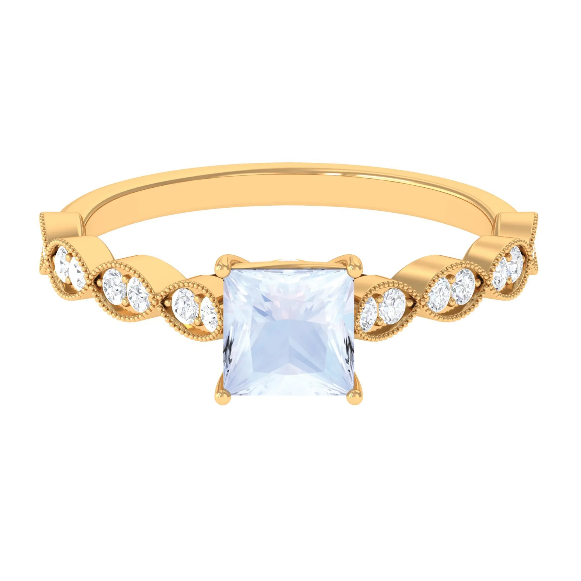 1 CT Princess Cut Moonstone Solitaire Ring with Diamond Side Stones