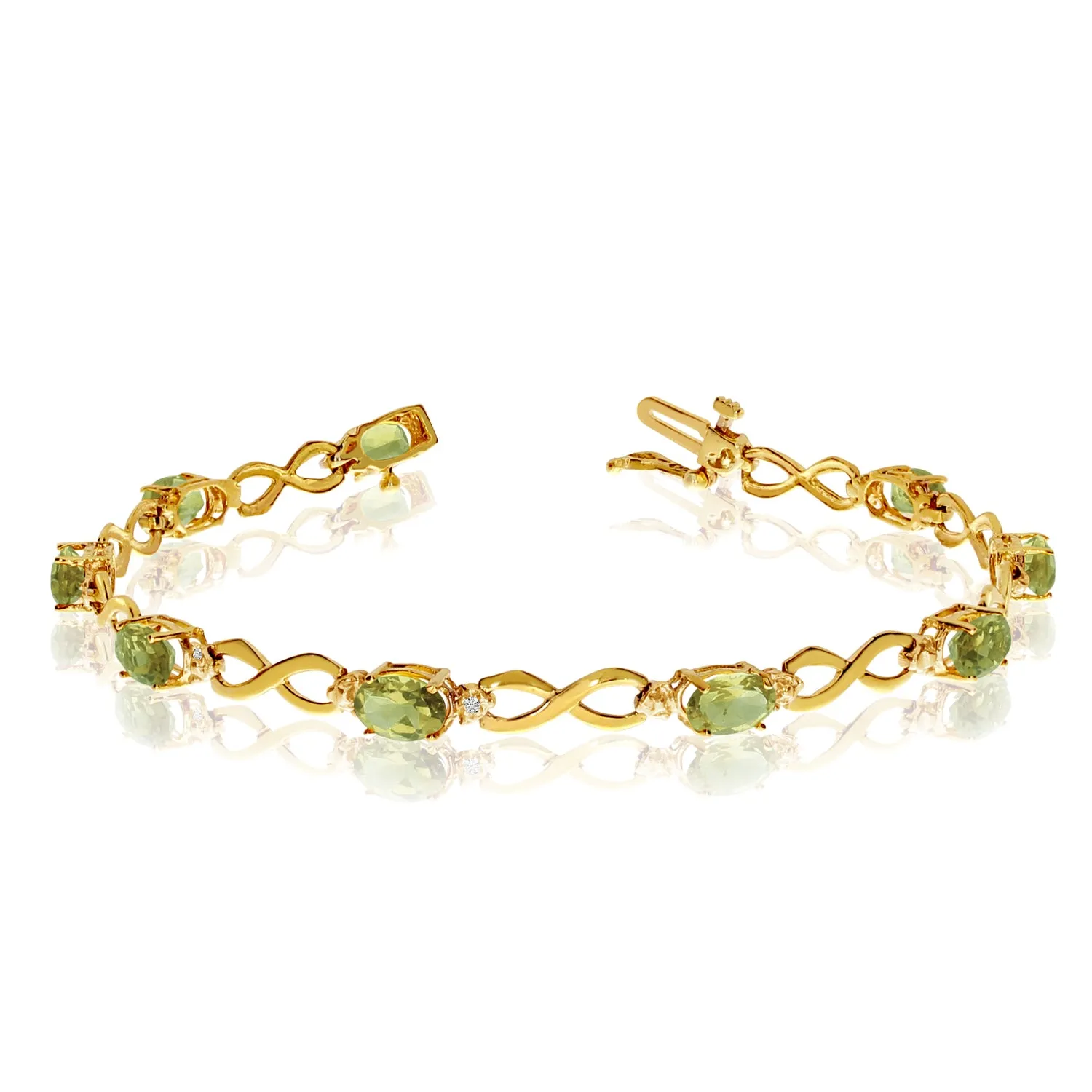 10K Yellow Gold Oval Peridot Stones And Diamonds Infinity Tennis Bracelet, 7"