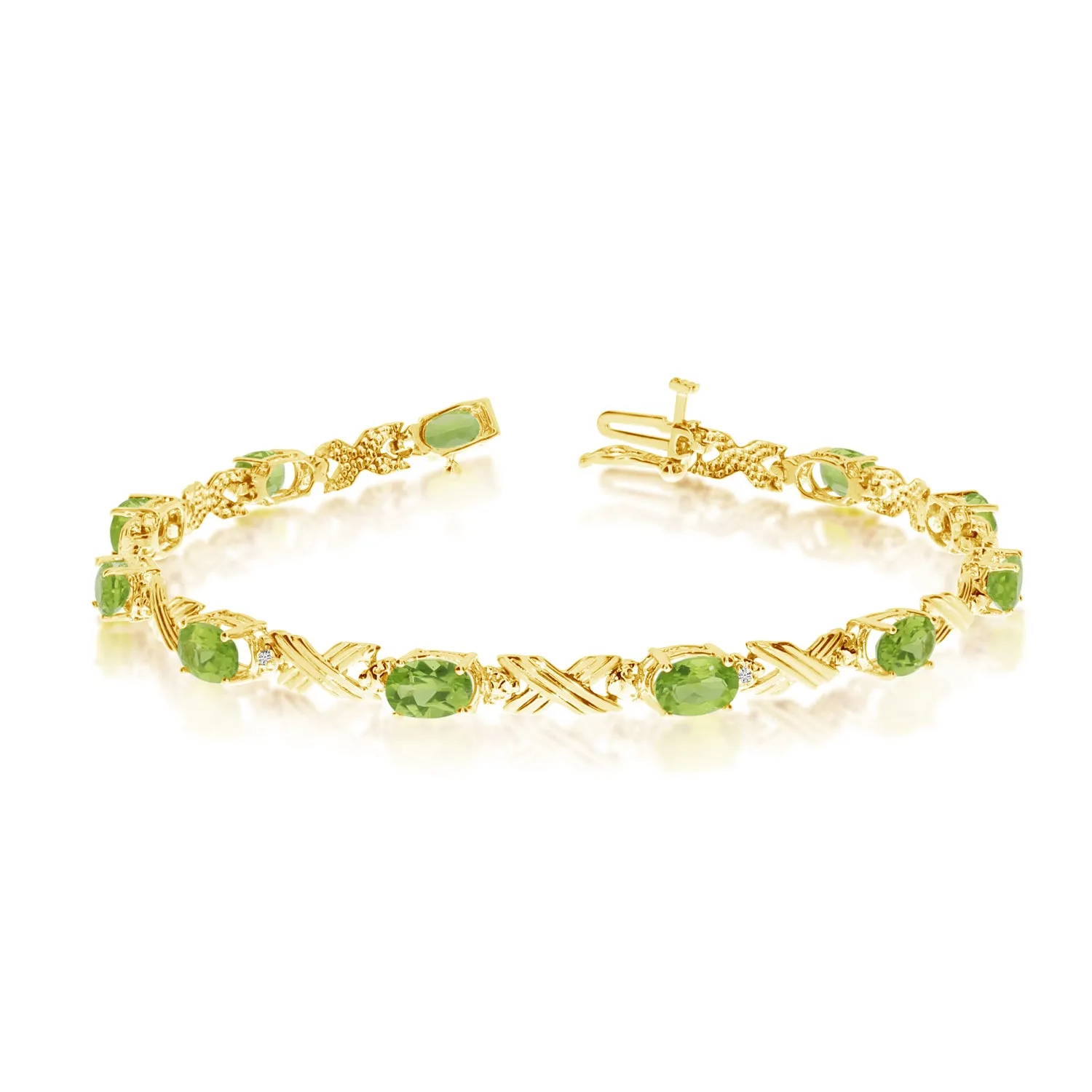 10K Yellow Gold Oval Peridot Stones And Diamonds Tennis Bracelet, 7"