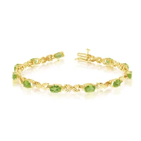 10K Yellow Gold Oval Peridot Stones And Diamonds Tennis Bracelet, 7"