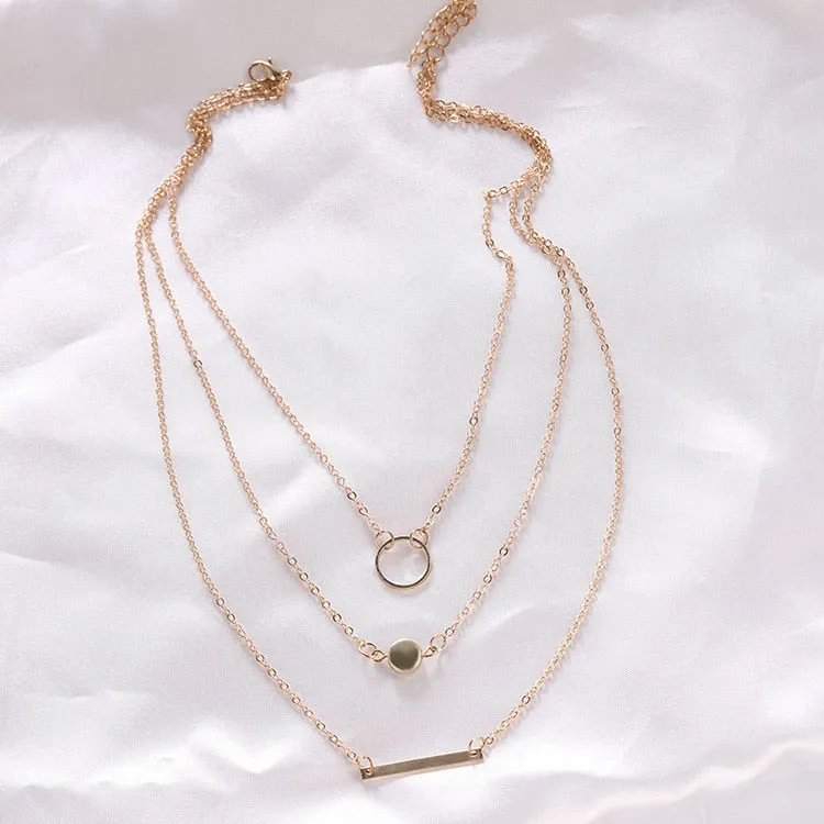 14K Gold Plated Circle Bead Bar Layered Chain Necklace For Woman