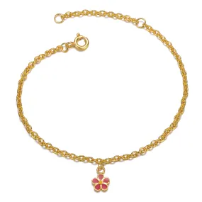 14k Gold Plated Fuchsia-Red Daisy Flower Drop Charm Bracelet