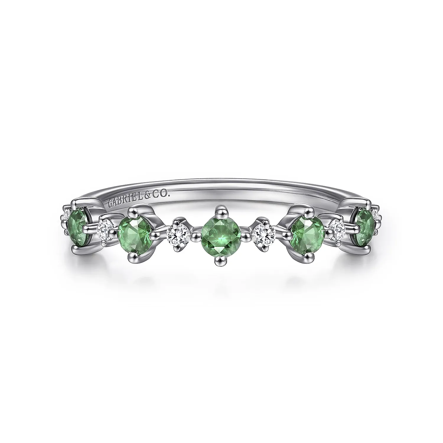 14K White Gold Alternating Round Diamond and Emerald Ring