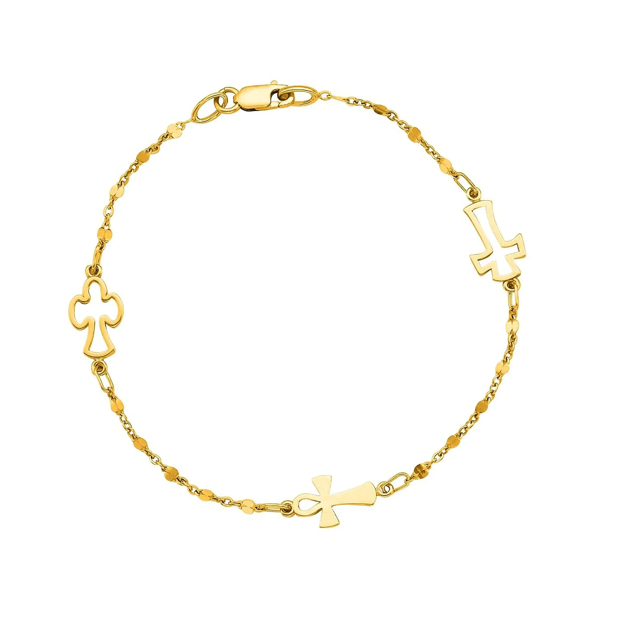 14K Yellow Gold Cable Chain Bead And Cross Bracelet, 7"