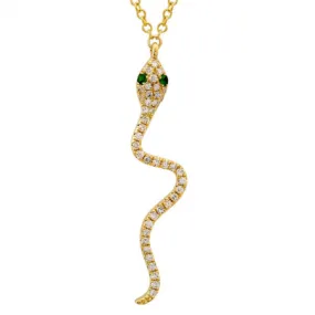 14K Yellow Gold Diamond   Green Eye Snake Necklace