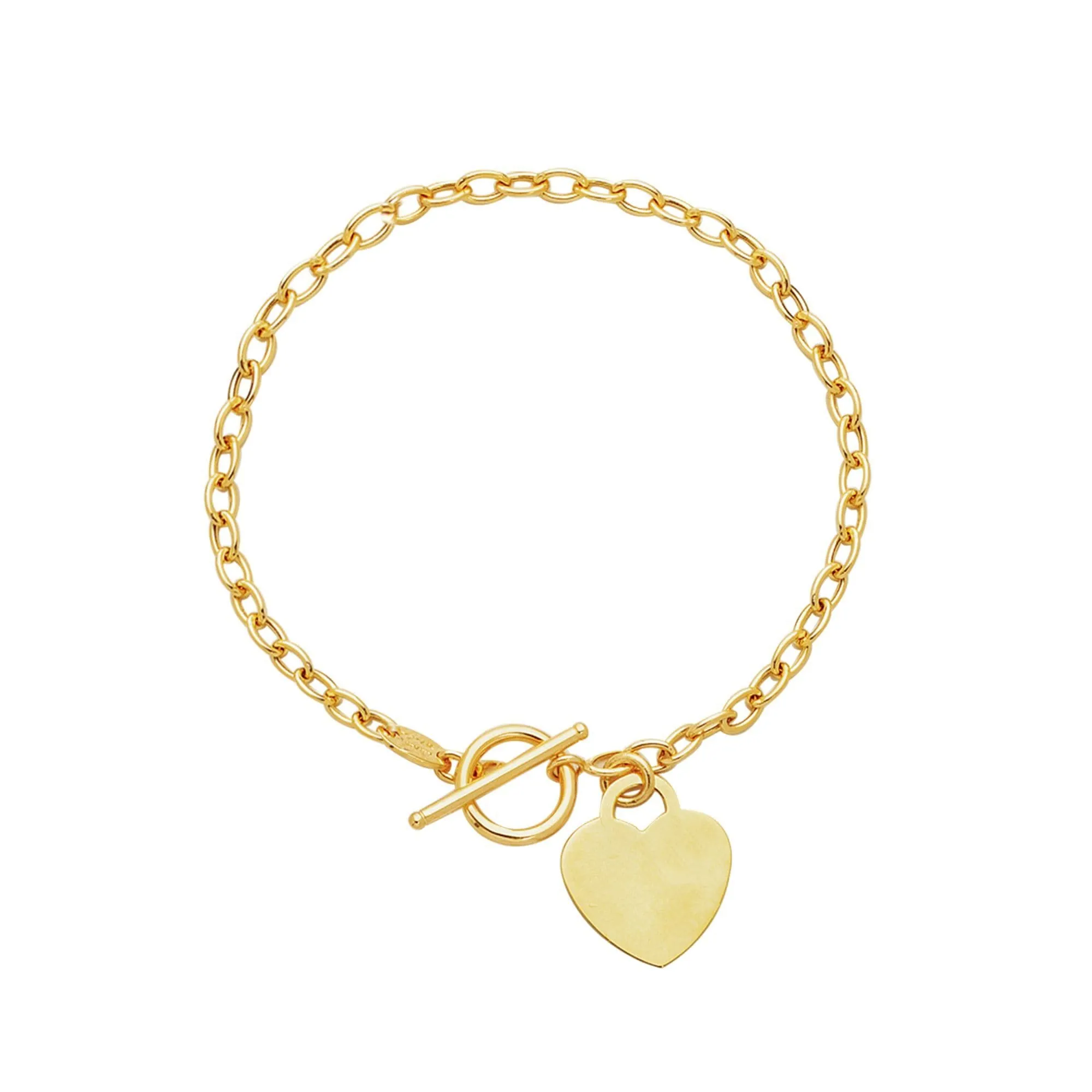 14kt 7.50 inches Yellow Gold Diamond Cut Oval Chain Link Bracelet with Heart & Toggle Lock