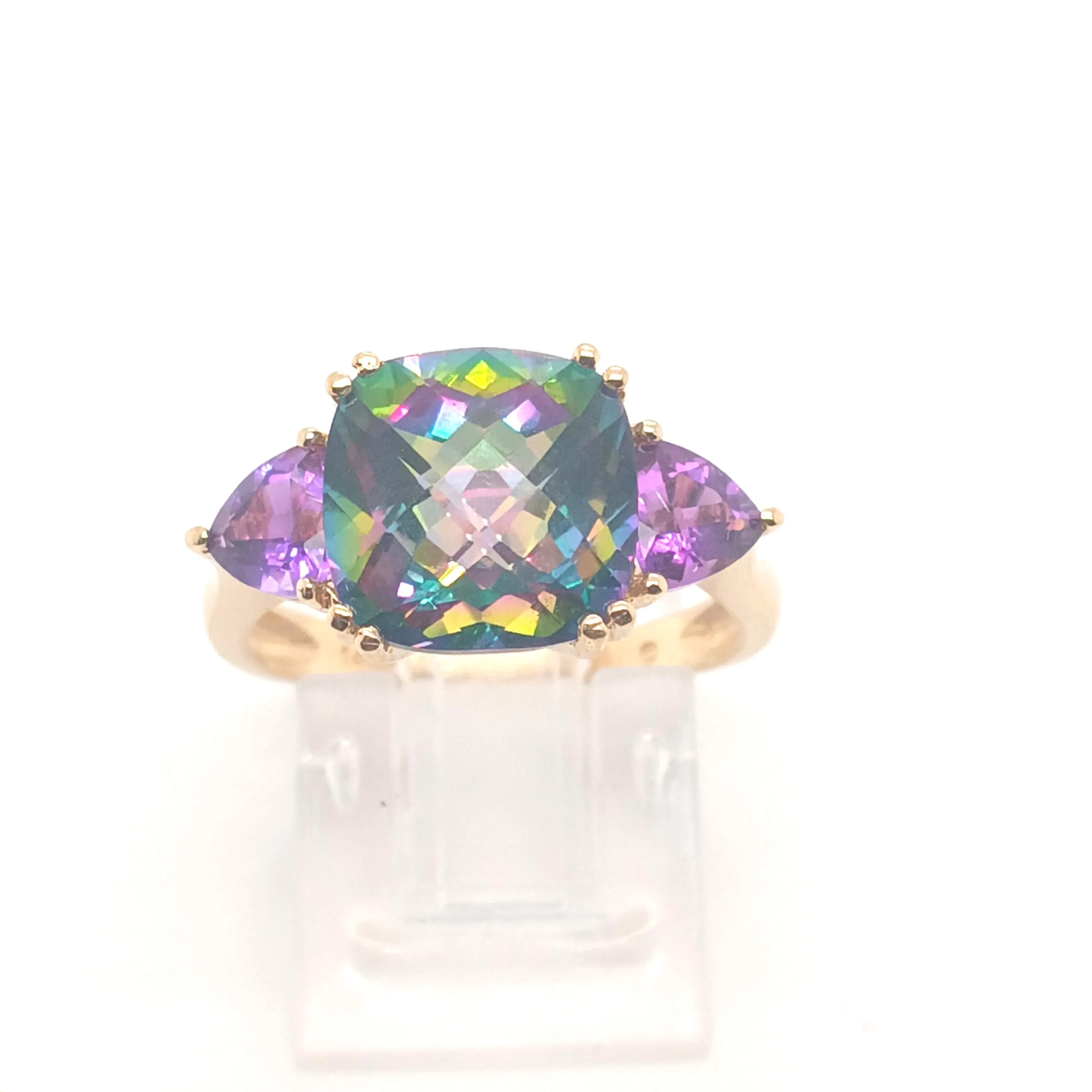 14KY Checkerboard Mystic Topaz & Amethyst Ring