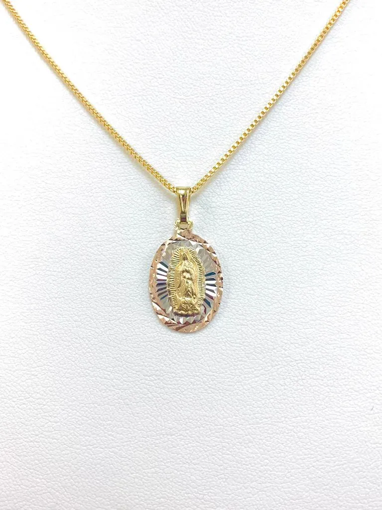 18K Gold Filled Tri Color Guadalupe Pendant Necklace Box Link 20x13mm 18" INCH