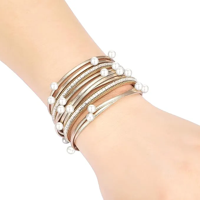 18K Gold White Multi Wrap Pearl Bracelet