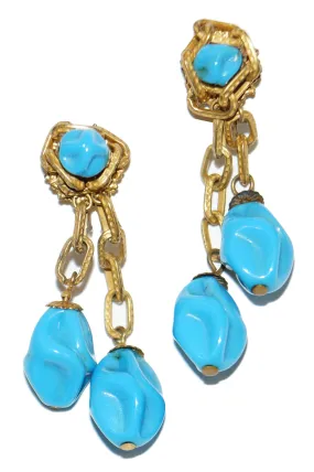 1950s Miriam Haskell Turquoise Art Glass Chain Accent Dangle Earrings