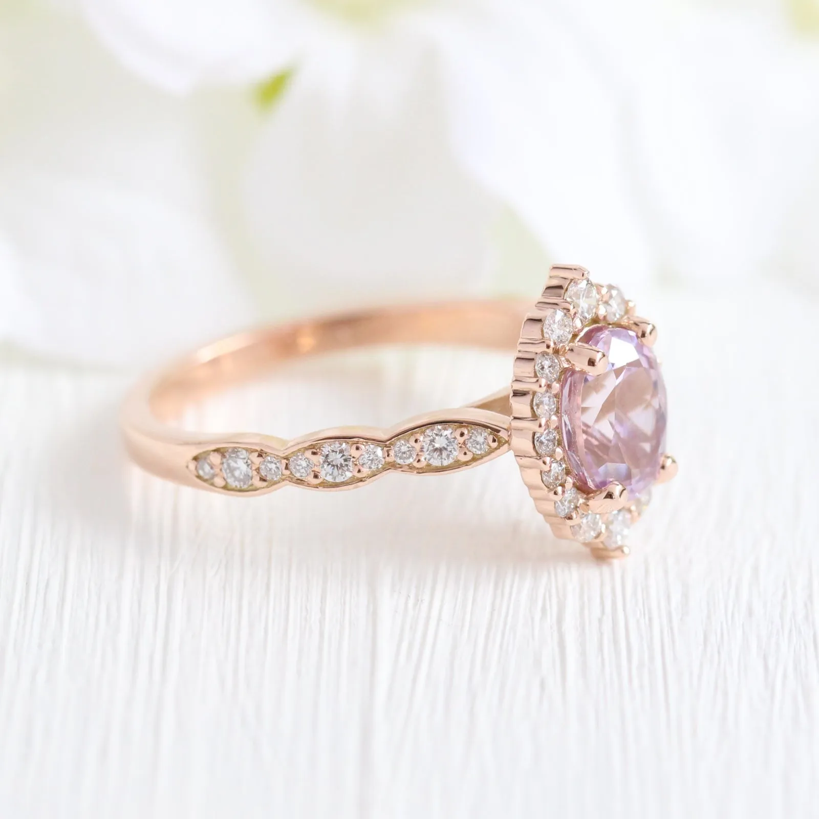 1.97 Ct Oval Lavender Purple Sapphire Ring in 14k Rose Gold Tiara Halo Diamond, Size 6.75