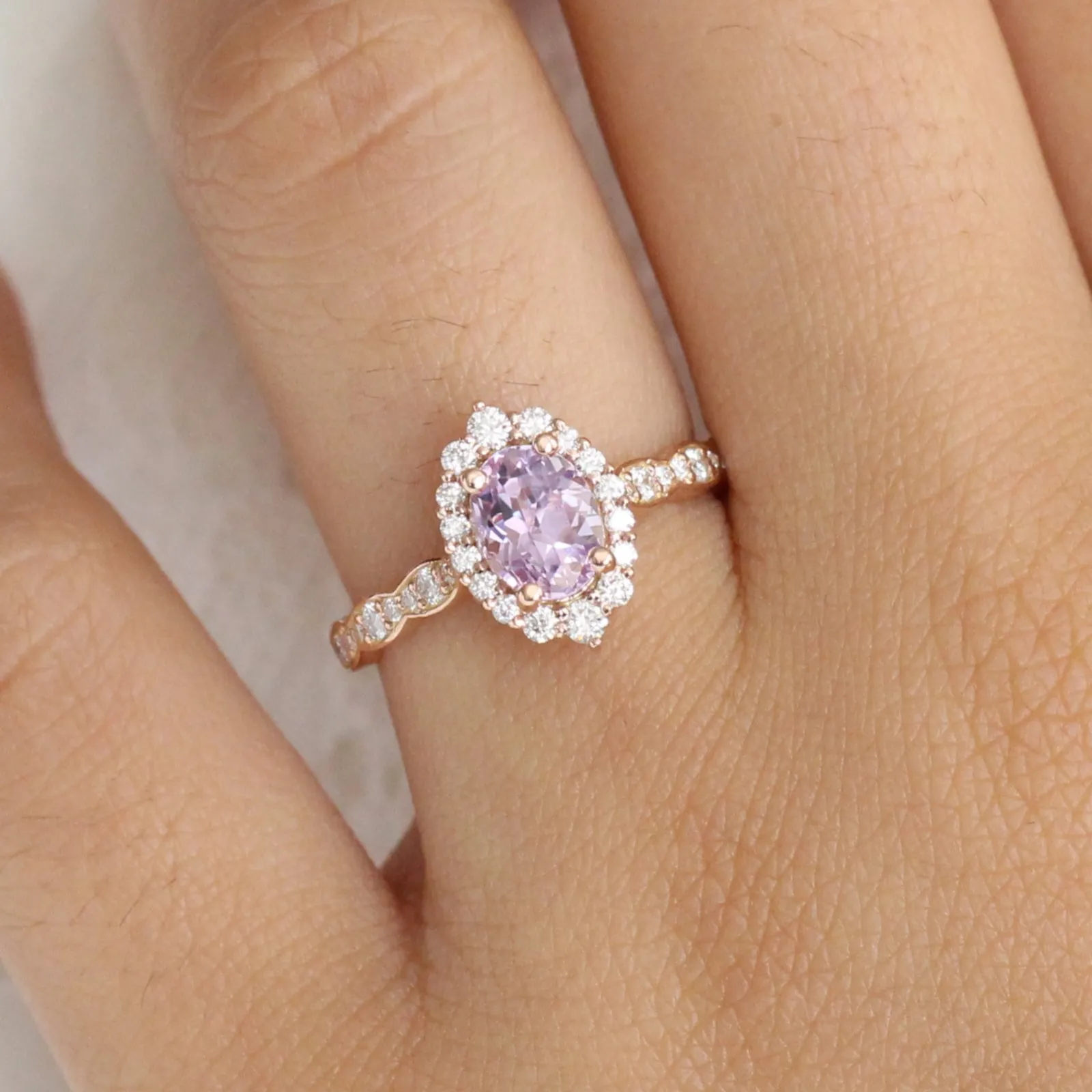 1.97 Ct Oval Lavender Purple Sapphire Ring in 14k Rose Gold Tiara Halo Diamond, Size 6.75