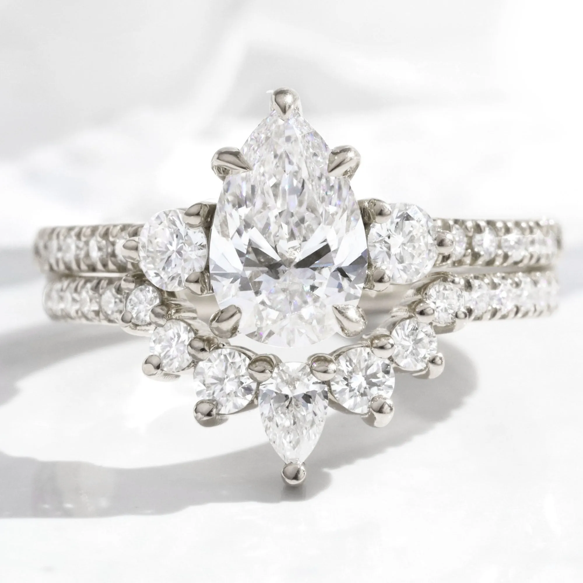 1.98 Ct. Pear Lab Diamond 3 Stone Ring Set w/ Crescent Wedding Band in Forever Setting