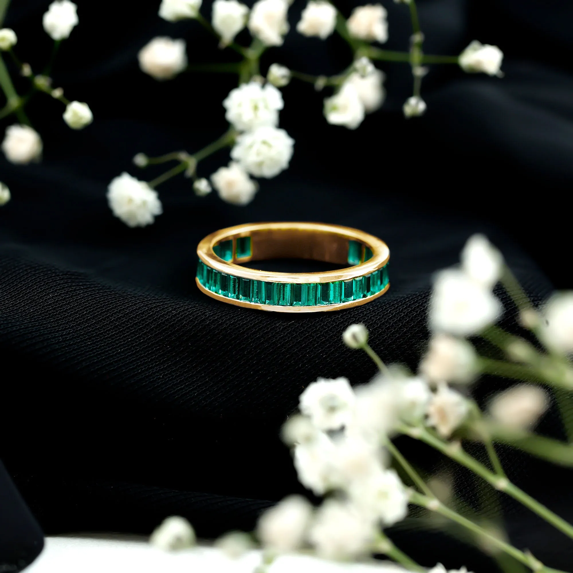 2.5 CT Channel Set Baguette Cut Created Emerald Eternity Band Ring