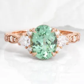 2.85 Ct. Oval Green Sapphire Ring in Dahlia 3 Stone Diamond Band