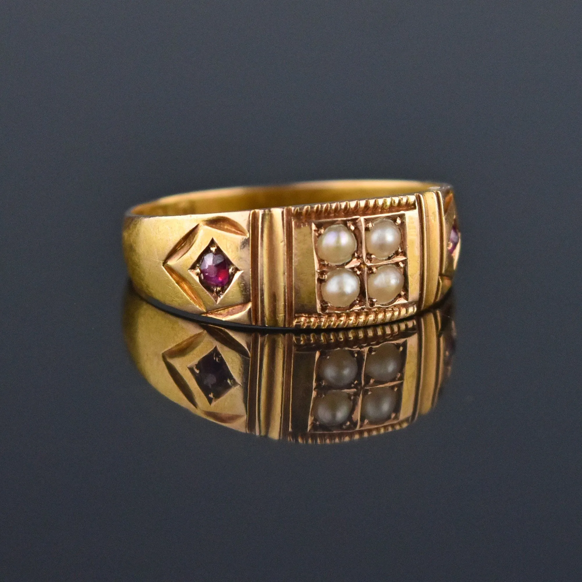 2nd Payment Antique 15K Gold Ruby Pearl Gypsy Band Ring, C 1880s