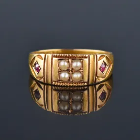 2nd Payment Antique 15K Gold Ruby Pearl Gypsy Band Ring, C 1880s