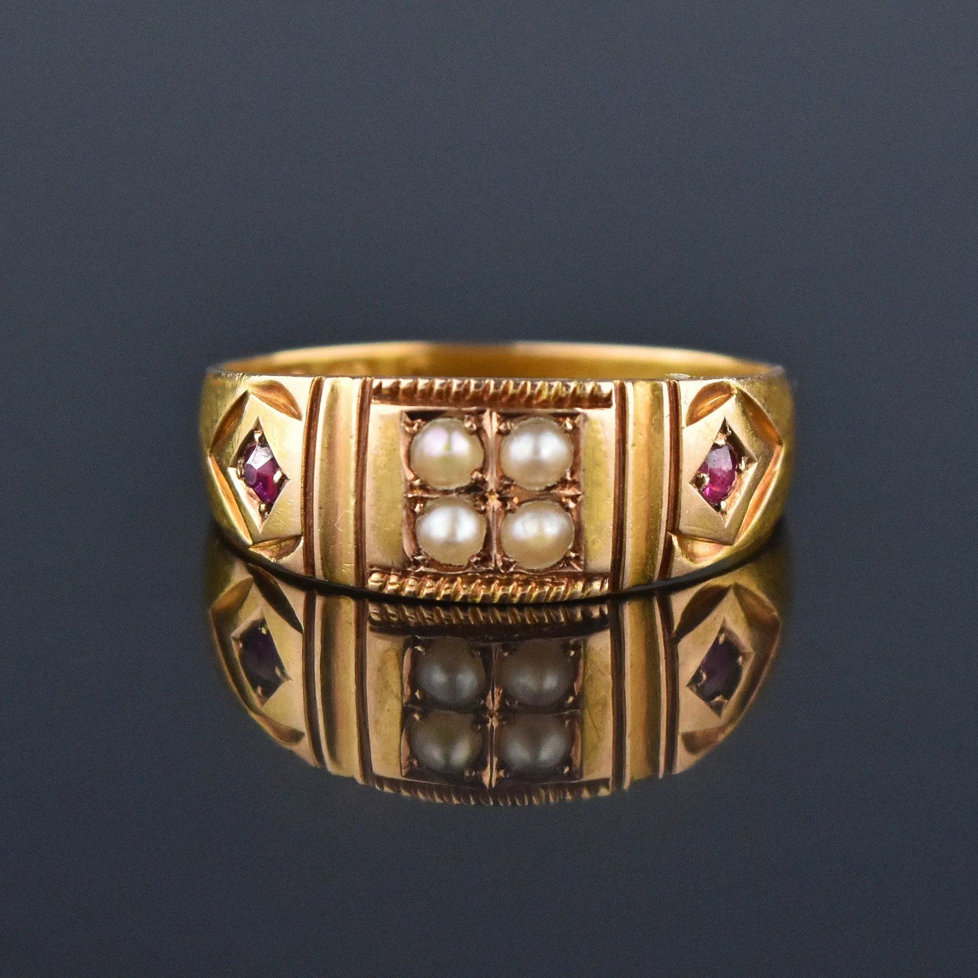 4th Payment Antique 15K Gold Ruby Pearl Gypsy Band Ring, C 1880s