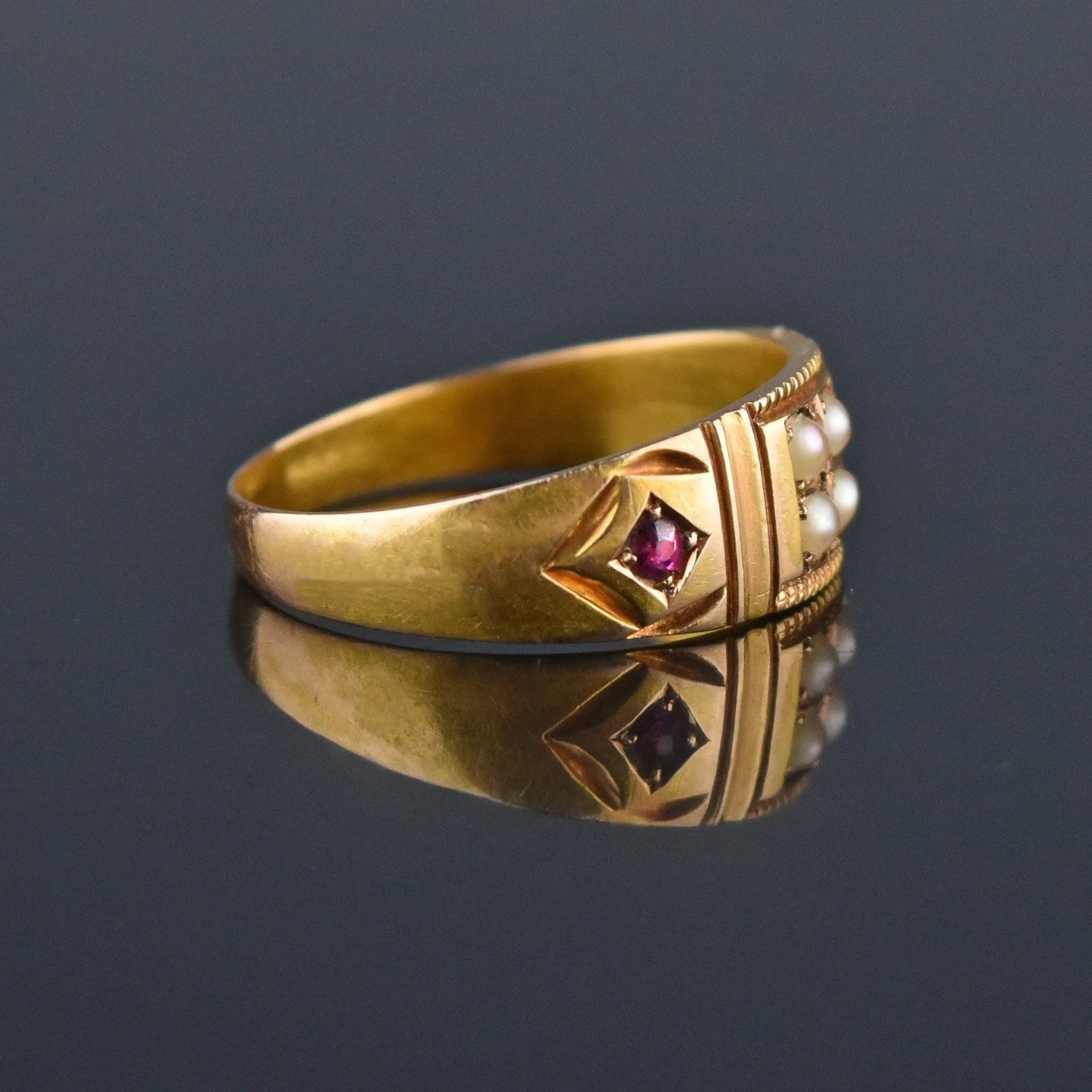 4th Payment Antique 15K Gold Ruby Pearl Gypsy Band Ring, C 1880s