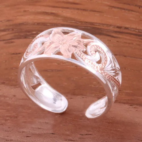 8mm Hawaiian Scroll Two Tone Pink Gold Plated See Through Toe Ring