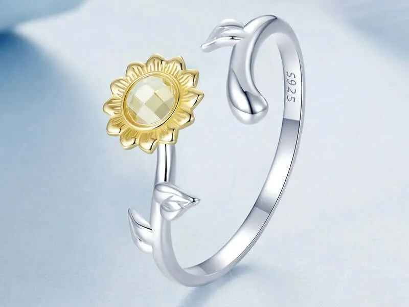 925 Silver Summer Gold Sunflower Ring