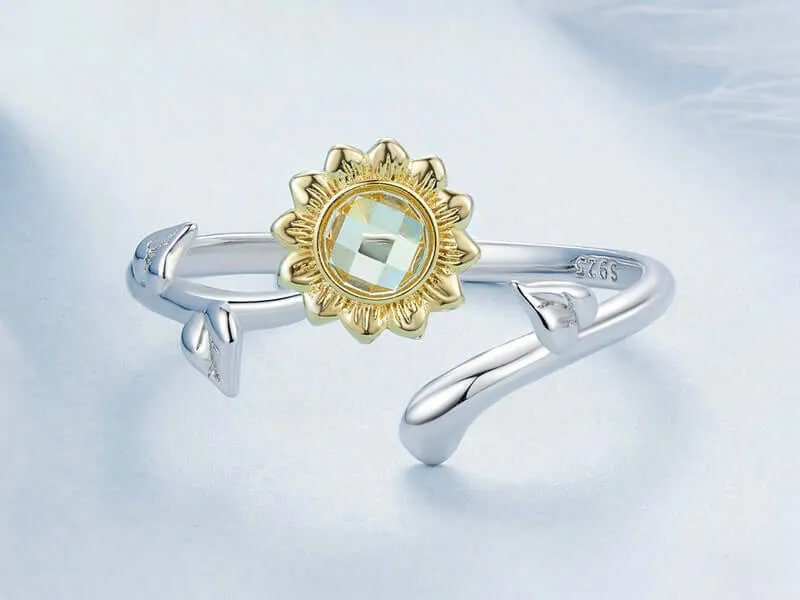 925 Silver Summer Gold Sunflower Ring