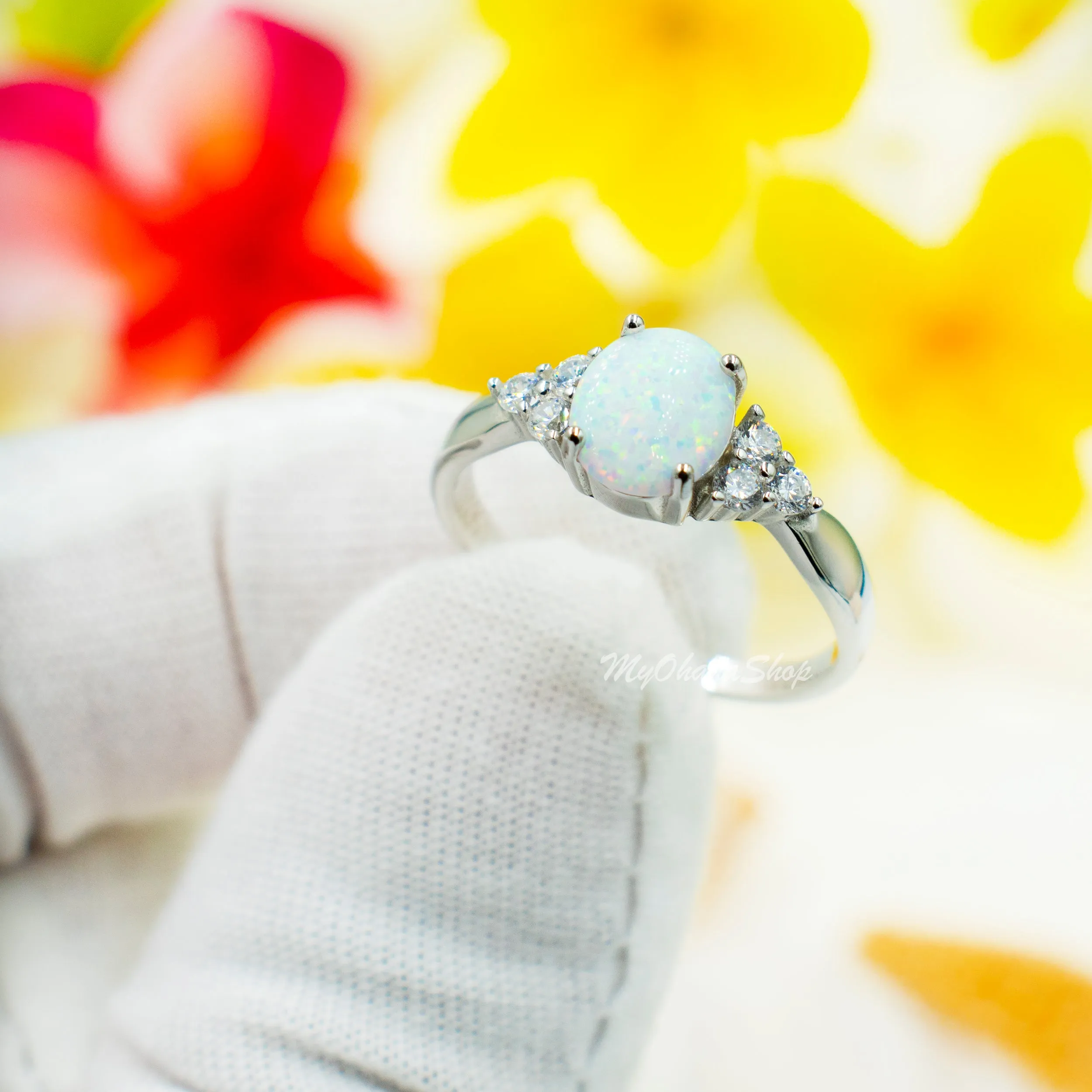 925 Sterling Silver Opal Ring With CZ For Women, Girls. 10mm Oval White, Blue, Pink Opal Pinky, Statement, Wedding Ring.