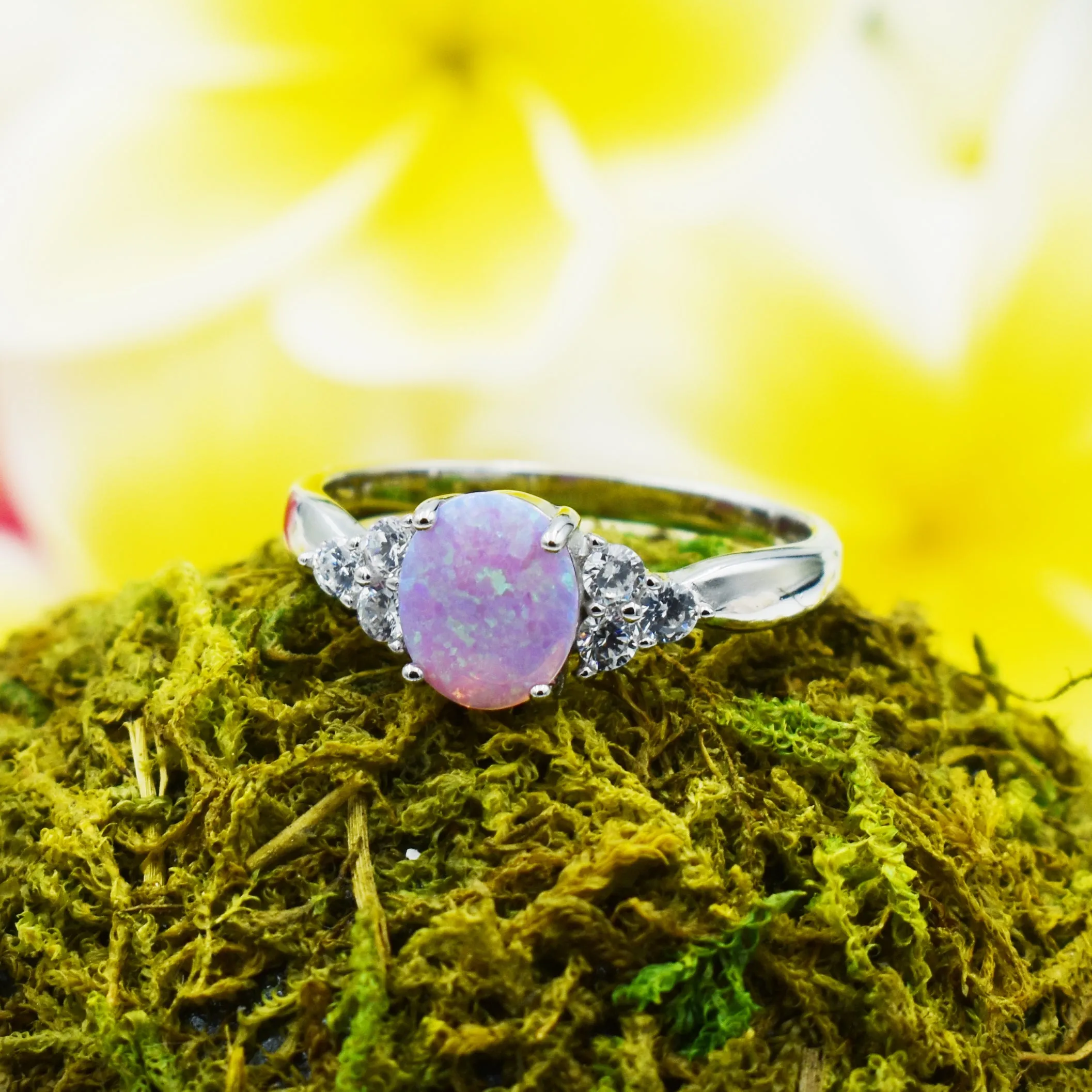 925 Sterling Silver Opal Ring With CZ For Women, Girls. 10mm Oval White, Blue, Pink Opal Pinky, Statement, Wedding Ring.