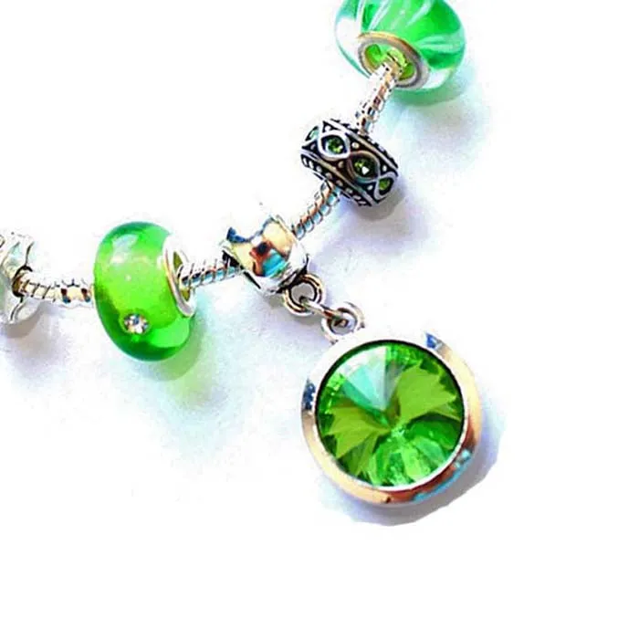 Adult's 'August Birthstone' Peridot Colored Crystal Silver Plated Charm Bead Bracelet