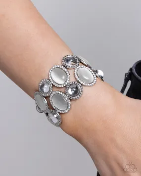 Affixed Appeal - White - Oval Cat's Eye Stone and Rhinestone Paparazzi Stretchy Bracelet