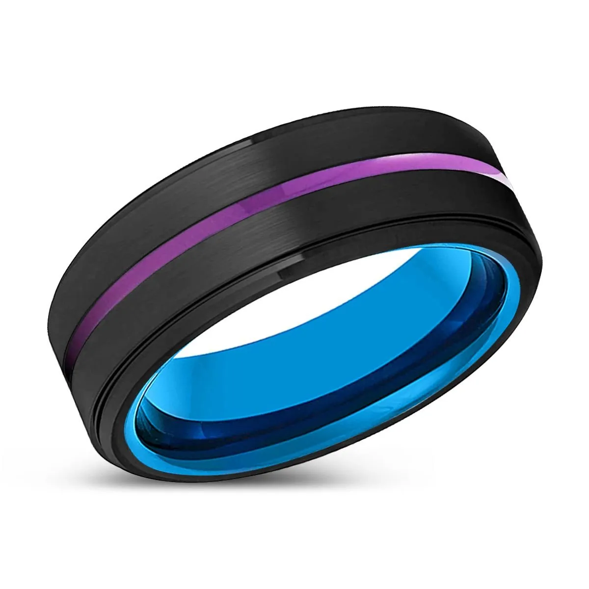 ALBURY | Blue Tungsten Ring, Black Tungsten Ring, Purple Groove, Stepped Edge