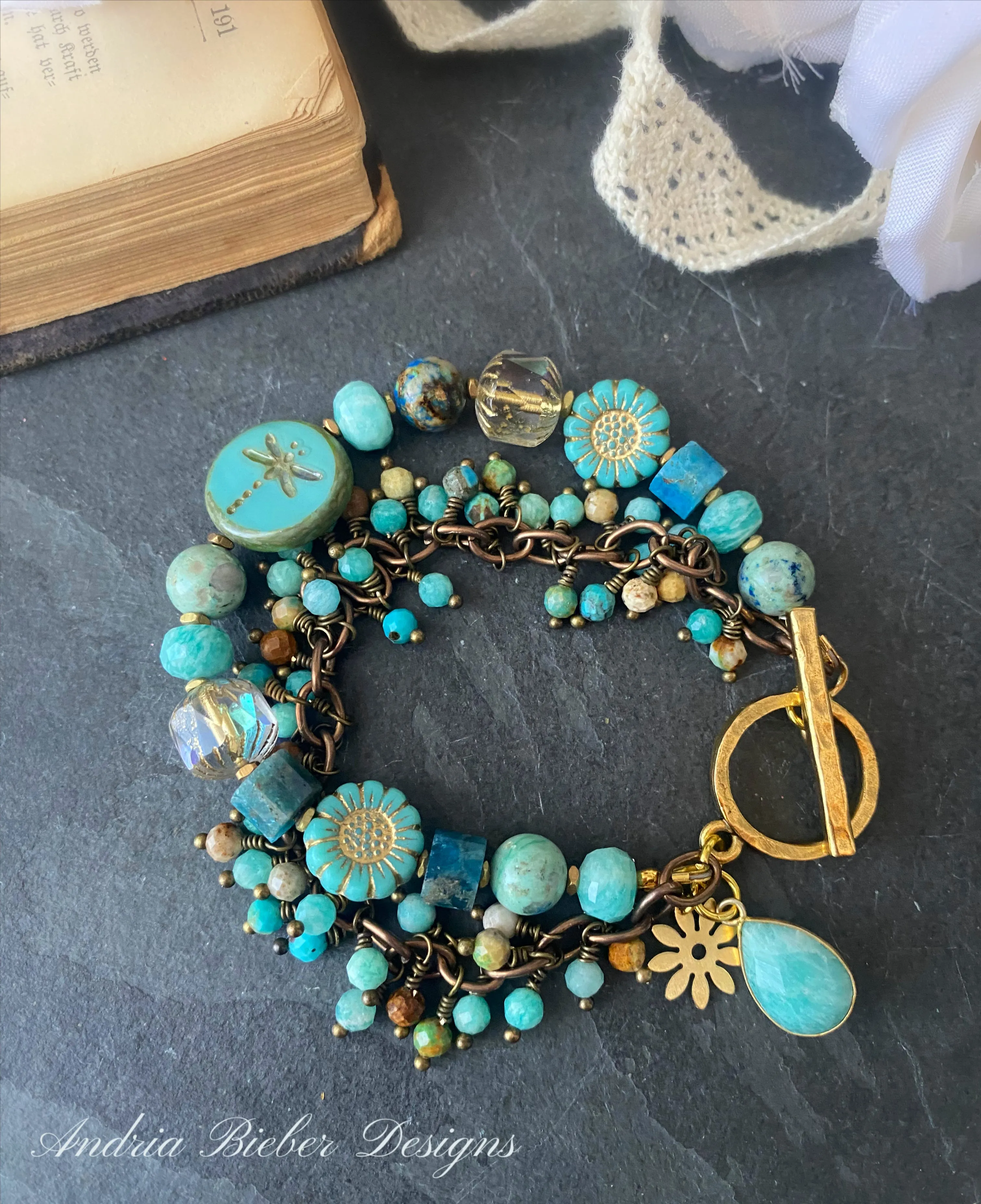 Amazonite, Hubei Turquoise, Azurite, Apatite, Czech glass, chain, multi strand, bracelet.