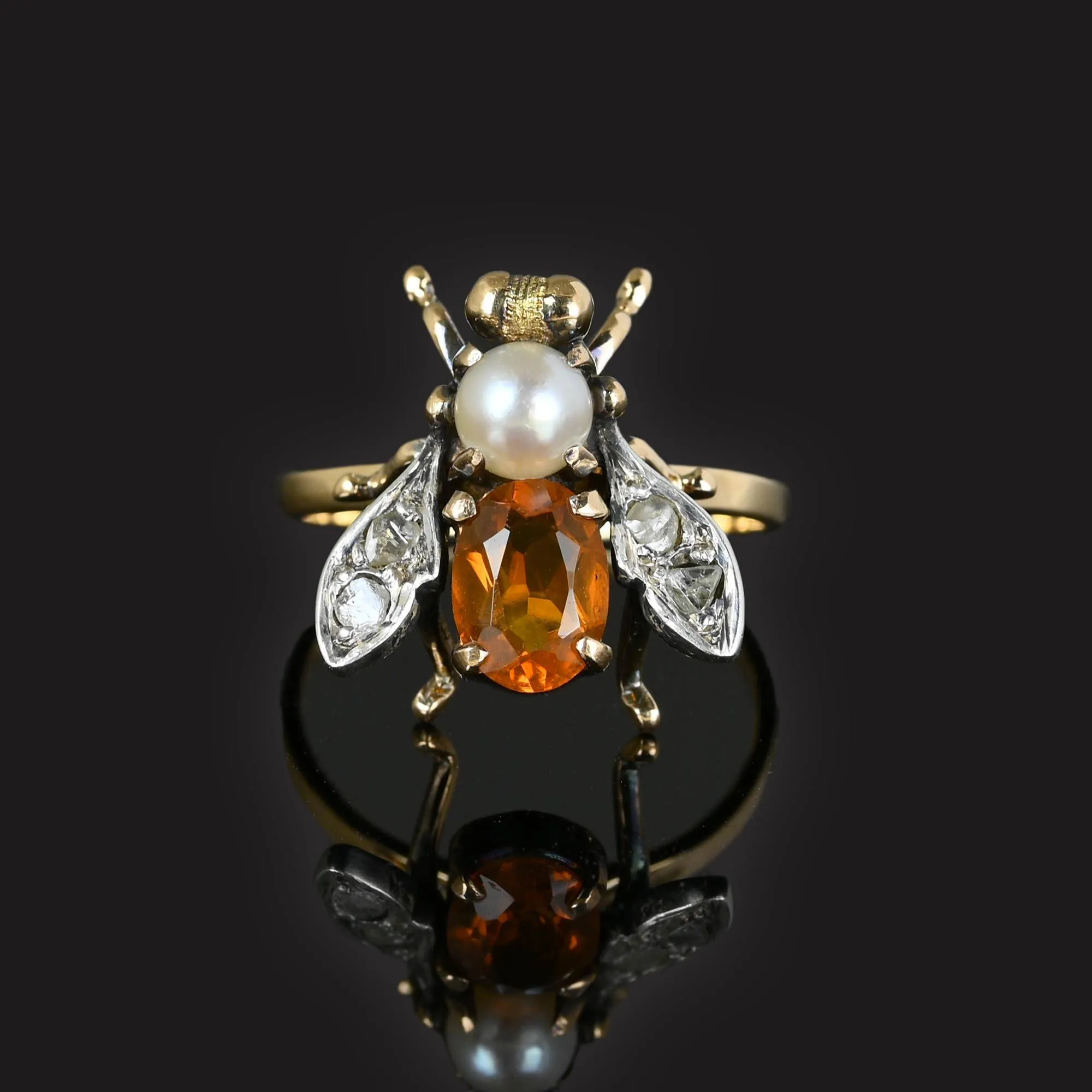 Antique Diamond Citrine Pearl 18K Gold Insect Ring